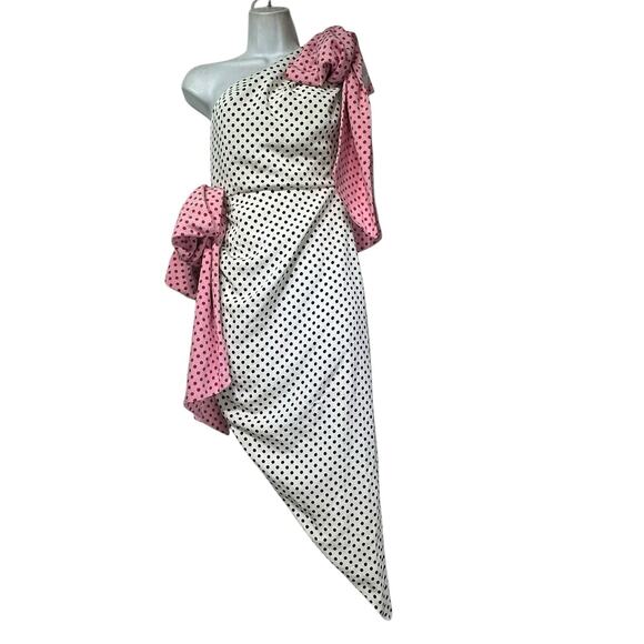 Marianna Senchina One Shoulder Polka Dot Dress XS White Pink Bow Asymmetrical - Picture 4 of 8